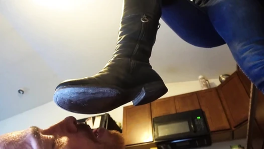 Human doormat licks the nasty soles of my RIDING BOOTS!