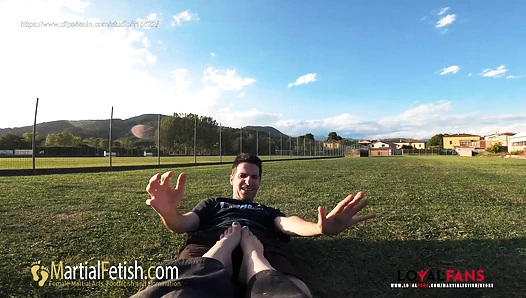 Alexis Luna black gi outdoor POV kicks, ballbusting and foot domination