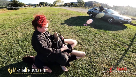 Alexis Luna outdoor black gi mixed wrestling domination